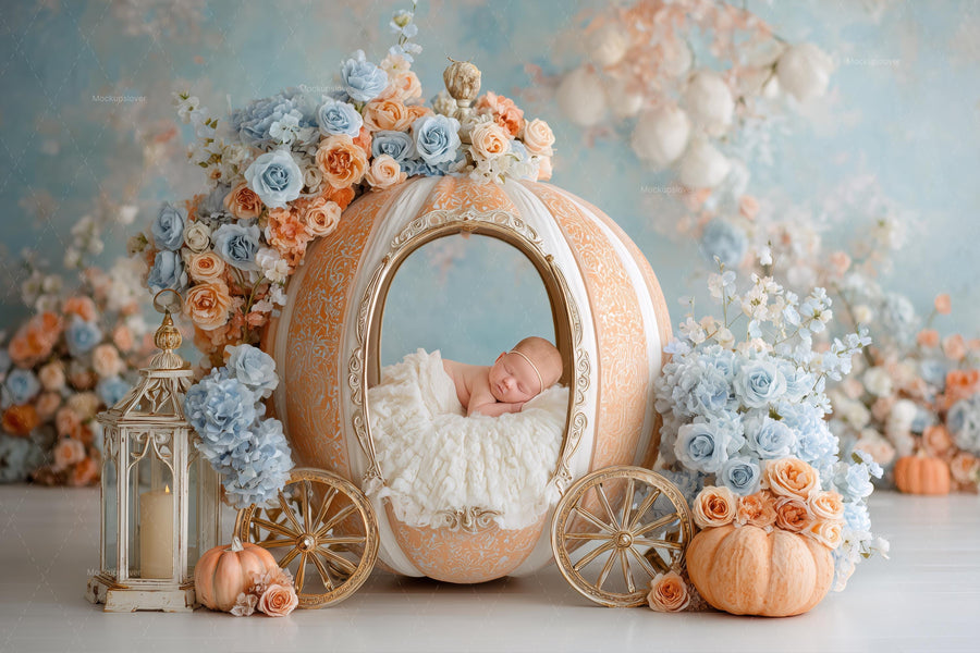 baby in fairy princess costume with pumpkin carriage backdrop, ideal for fall newborn photography