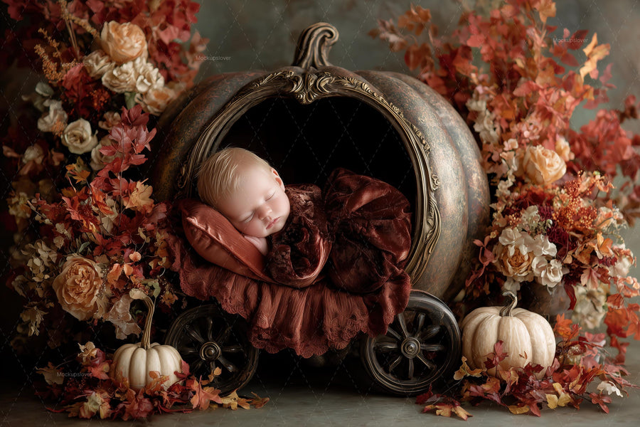 newborn in a pumpkin carriage princess backdrop for fall photography studio