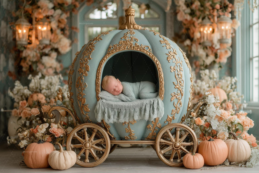 baby in pumpkin carriage on autumn harvest backdrop, digital photography scene