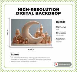 Newborn Digital Photography Background, Christmas Village, Gingerbread House Backdrop, Crescent Moon, Baby Prop, Photoshop Template