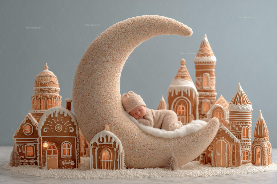 baby with gingerbread house and crescent moon backdrop, ideal for holiday photography