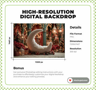 Newborn First Christmas Digital Backdrop, Crescent Moon Background, Baby Holiday Prop, Xmas Studio, Photoshop Template, Fairy Lights