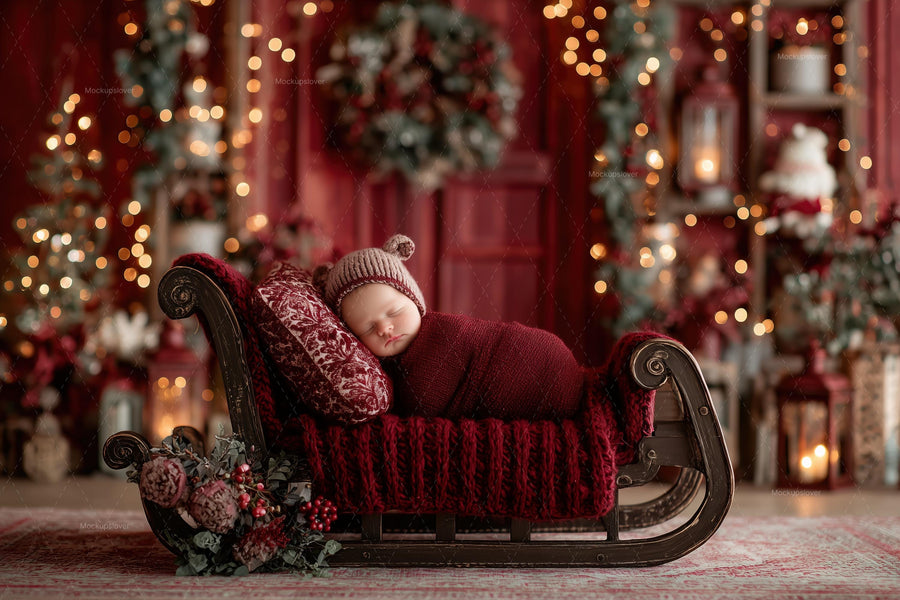 newborn baby in front of santa's sleigh digital backdrop, holiday scene, perfect for christmas photos