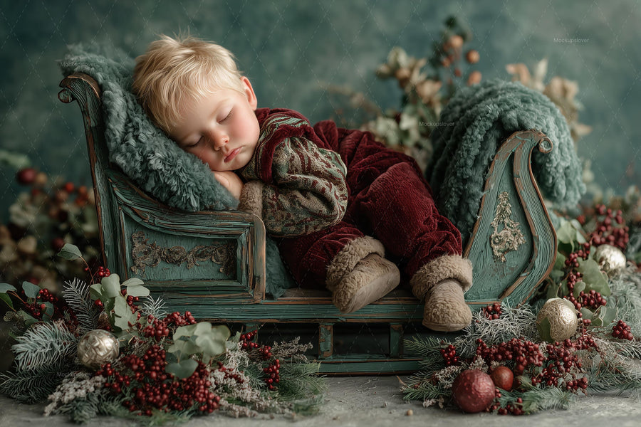 christmas baby portrait scene with santa sleigh backdrop, perfect for holiday photo shoots