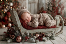 newborn baby with santa sleigh overlay, holiday backdrop, studio photo prop, christmas scene, face swap template