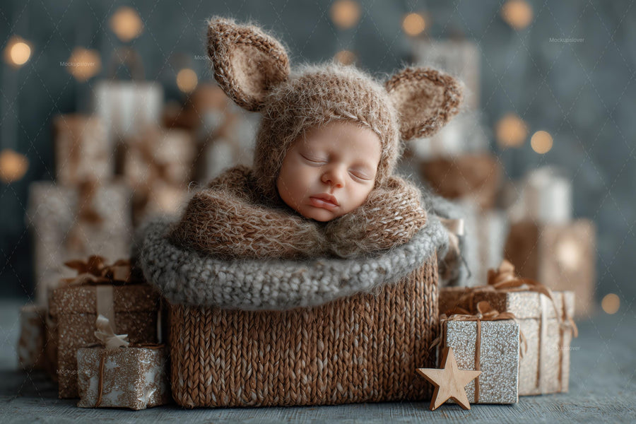 woodland baby face swap overlay for christmas backdrop, perfect for newborn photo shoots