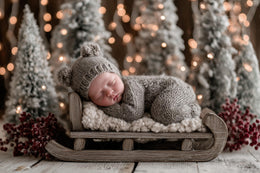 newborn baby with teddy bear face and santa sleigh in christmas digital backdrop