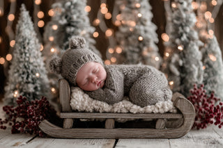 newborn baby with teddy bear face and santa sleigh in christmas digital backdrop