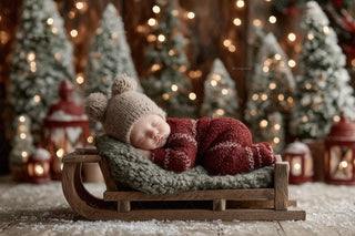 baby in santa hat on winter backdrop, christmas scene, studio background, holiday photo prop