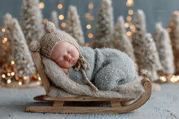 newborn baby on santa sleigh with christmas winter wonderland digital backdrop