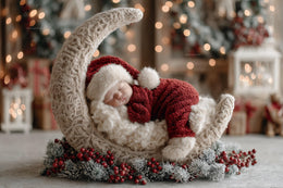 baby with crescent moon and santa claus backdrop, holiday newborn photo prop, face swap overlay, christmas scene