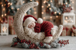 baby with crescent moon and santa claus backdrop, holiday newborn photo prop, face swap overlay, christmas scene
