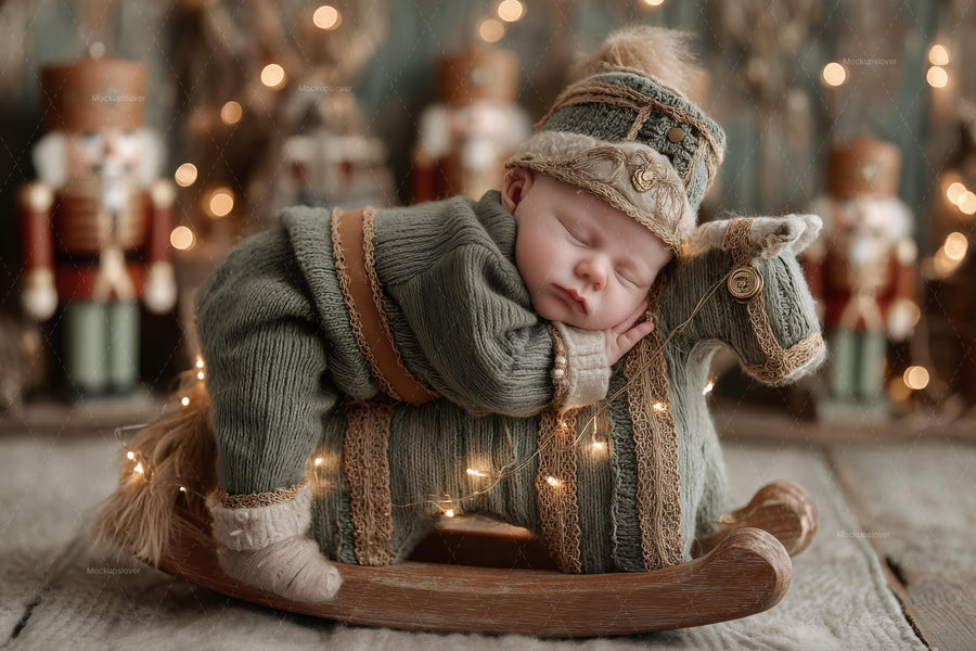 baby boy in front of christmas nutcracker backdrop, holiday photo prop, studio background