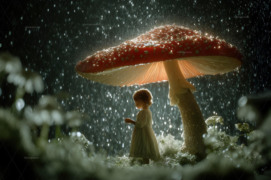 fantasy forest scene with giant mushrooms and night sky, ideal for kids' photo props