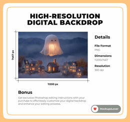 Halloween Village Digital Newborn Photography Background, Holiday Baby Photo Prop, Hot Air Balloon, Cute Ghost, Photoshop Template