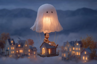 cute ghost and hot air balloon scene suitable for newborn photography backdrop