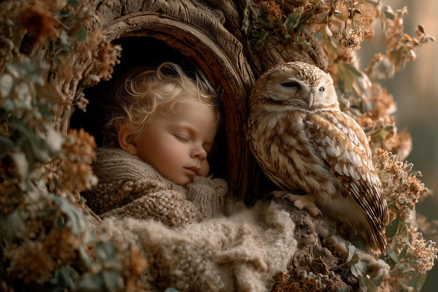 cute owl in fall forest scene, ideal for kids and baby photography backdrop