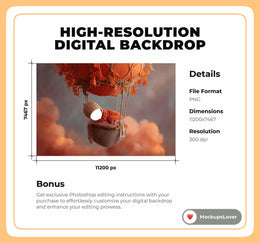 Fall Newborn Digital Photography Background, Hot Air Balloon, Face Swap, Dreamy Baby Holiday Photo Prop, Clouds, Sky, Photoshop Template