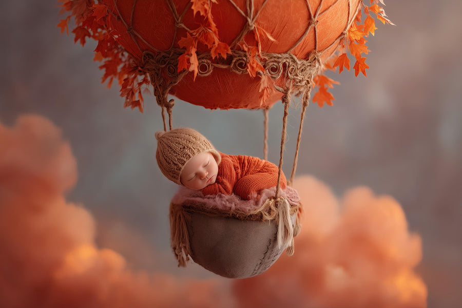 baby with hot air balloon and clouds in fall backdrop, perfect for newborn photos