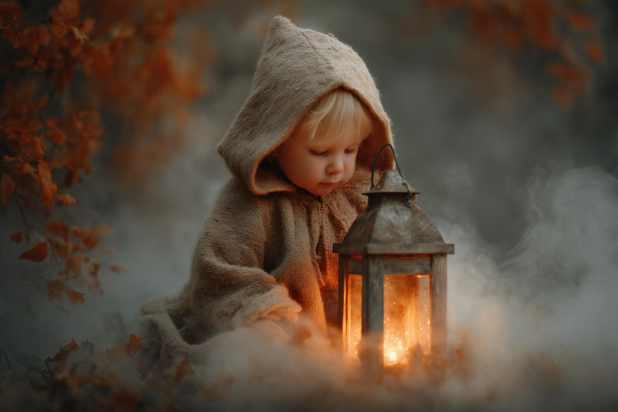 haunted forest scene with fall leaves, lanterns, and spooky atmosphere, ideal for halloween photo props