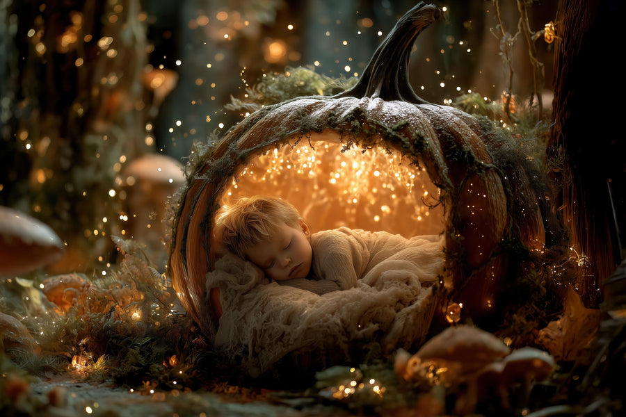 digital backdrop featuring pumpkin, twinkle lights, and haunted forest scene, perfect for halloween photography