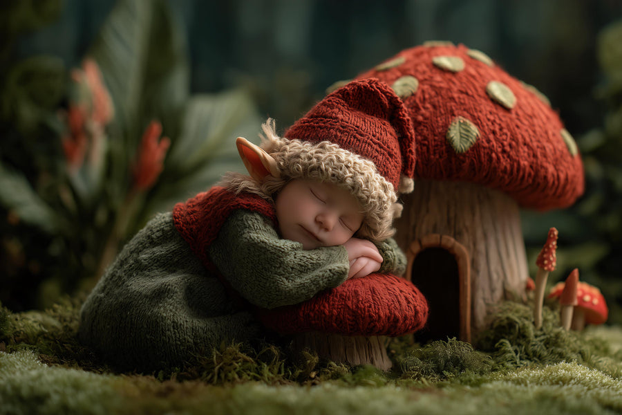 elf newborn scene with fantasy forest, magic mushrooms, woodland creatures, perfect for baby photo shoots