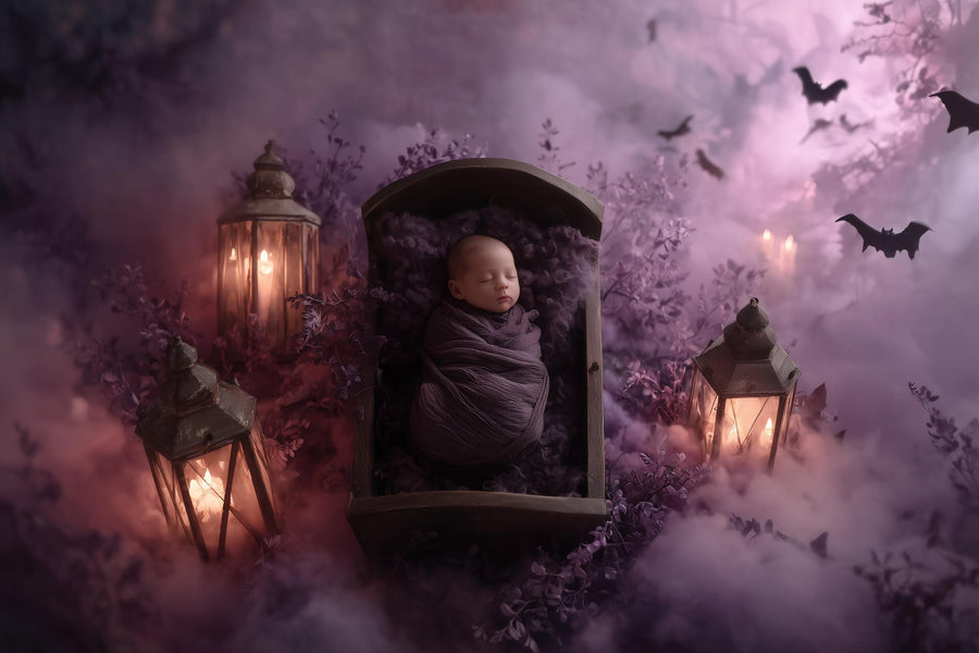 baby boy or girl with lanterns and bats in dreamy halloween backdrop, perfect for newborn photos