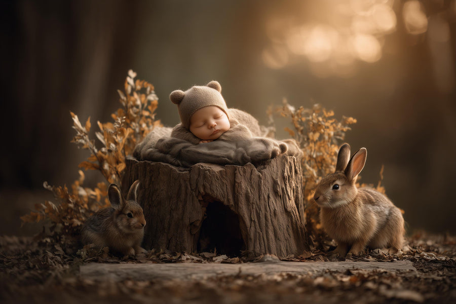 newborn photoshoot with teddy bear and woodland creatures on a fantasy forest fall backdrop