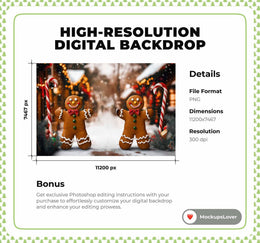 Christmas Gingerbread Cookies Digital Backdrop, Candy Cane Photo Background, Winter Wonderland, Holiday Kid Prop, Photoshop & Canva Template