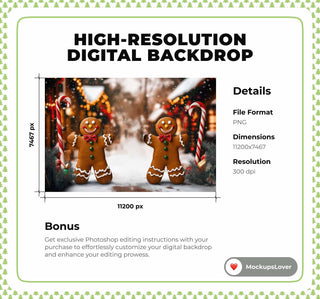 Christmas Gingerbread Cookies Digital Backdrop, Candy Cane Photo Background, Winter Wonderland, Holiday Kid Prop, Photoshop & Canva Template