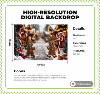 Christmas Village Digital Backdrop, Gingerbread Cookies Photo Background, Holiday Kids Portrait Prop, Winter Wonderland, Photoshop Template