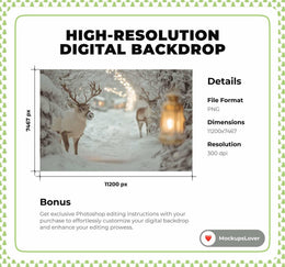 Christmas Forest Digital Backdrop, Winter Wonderland Background, Woodland Creatures, Holiday Prop, Reindeer, Photoshop & Canva Template