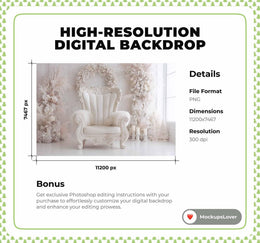 White Christmas Studio Digital Backdrop, Boho Photo Background, Winter Wonderland, Holiday Kids Prop, Chair, Photoshop & Canva Template