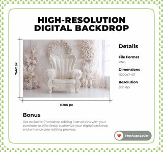 White Christmas Studio Digital Backdrop, Boho Photo Background, Winter Wonderland, Holiday Kids Prop, Chair, Photoshop & Canva Template