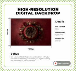 Red Christmas Ornament Newborn Digital Backdrop, Studio Photo Background, Holiday Baby Prop, Photoshop & Canva Template
