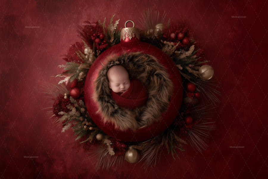 scene with red christmas ornament, suitable for holiday photo backgrounds, perfect for newborn and festive shoots