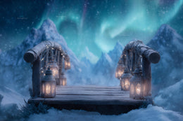 North Pole Bridge Digital Backdrop, Winter Wonderland Photo Background, Christmas Holiday Kids Prop, Northern Lights, Photoshop Template