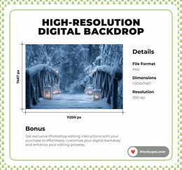 Winter Bridge Digital Backdrop, Fantasy Forest Photo Background, Frozen Princess, Christmas Holiday Kids Prop, Photoshop & Canva Template