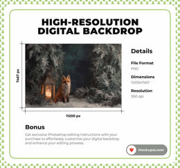 Winter Fantasy Forest Digital Backdrop, Woodland Animals Photo Background, Red Fox, Lantern, Christmas Kids Prop, Photoshop & Canva Template