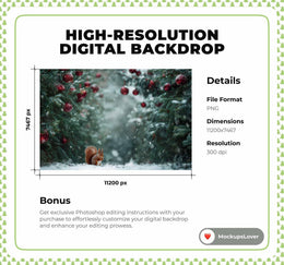 Winter Forest Digital Backdrop, Christmas Woodland Creatures Photo Background, Squirrel, Holiday Kids Prop, Photoshop & Canva Template