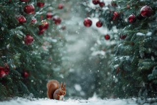 Winter Forest Digital Backdrop, Christmas Woodland Creatures Photo Background, Squirrel, Holiday Kids Prop, Photoshop & Canva Template