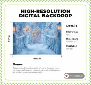 Winter Wonderland Bridge Digital Backdrop, Christmas Village Photo Background, North Pole, Holiday Kids Prop, Photoshop & Canva Template