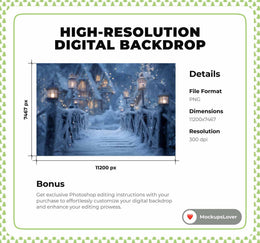 Nordic Christmas Village Digital Backdrop, North Pole Photo Background, Winter Wonderland, Holiday Kids Prop, Photoshop & Canva Template