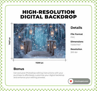 Frozen Bridge Digital Backdrop, Winter Wonderland Photo Background, Christmas Lanterns, Holiday Kids Prop, Photoshop & Canva Template