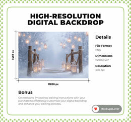 Winter Wonderland Digital Photo Background, Holiday Backdrop, Christmas Prop, Fantasy Forest Bridge, Lanterns, Photoshop & Canva Template