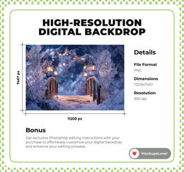 Winter Wonderland Digital Photo Background, Christmas Lantern Backdrop, Forest Bridge, Holiday Kids Prop, Photoshop & Canva Template