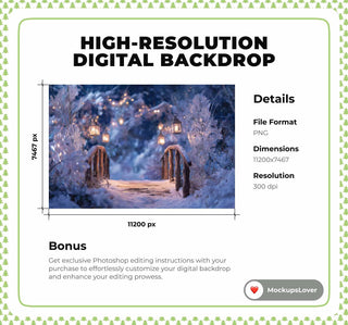 Winter Wonderland Digital Photo Background, Christmas Lantern Backdrop, Forest Bridge, Holiday Kids Prop, Photoshop & Canva Template