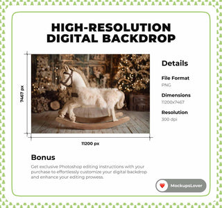 Cozy Christmas Rocking Horse Newborn Digital Backdrop, Holiday Photo Background, Studio Baby Portrait Prop, Photoshop & Canva Template
