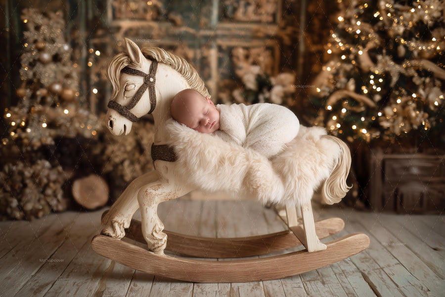 baby with rocking horse in cozy christmas scene, digital backdrop for holiday portraits