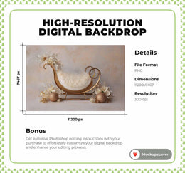 Newborn Digital Backdrop, Golden Santa Sleigh, Christmas Photo Background, Holiday Studio Baby Portrait Prop, Photoshop & Canva Template